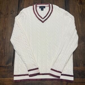 Brooks Brothers Pima Cotton Cable Knit Cricket Sweater Mens Large Cream V-Neck